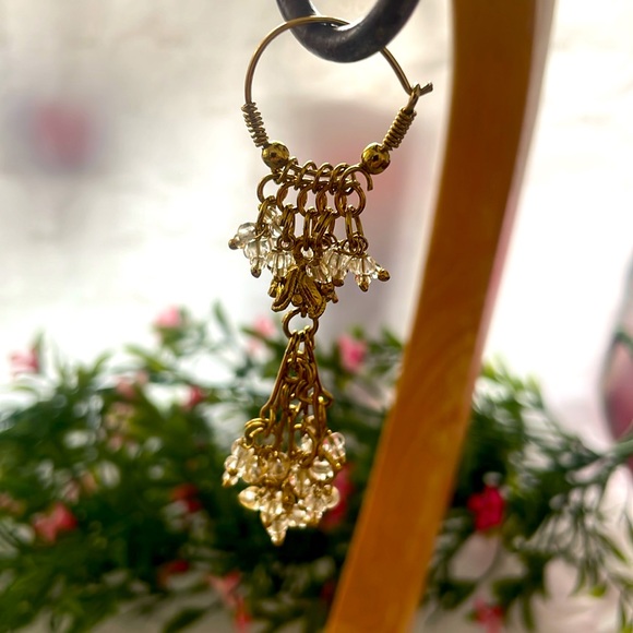 Dangle Earrings - Boho Vintage Gold Toned w/Clear Beads - 3" - Picture 9 of 15